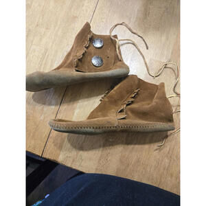 Brown Suede Moccasin Style Soft Sole Boots with Fringe and Decorative Buttons